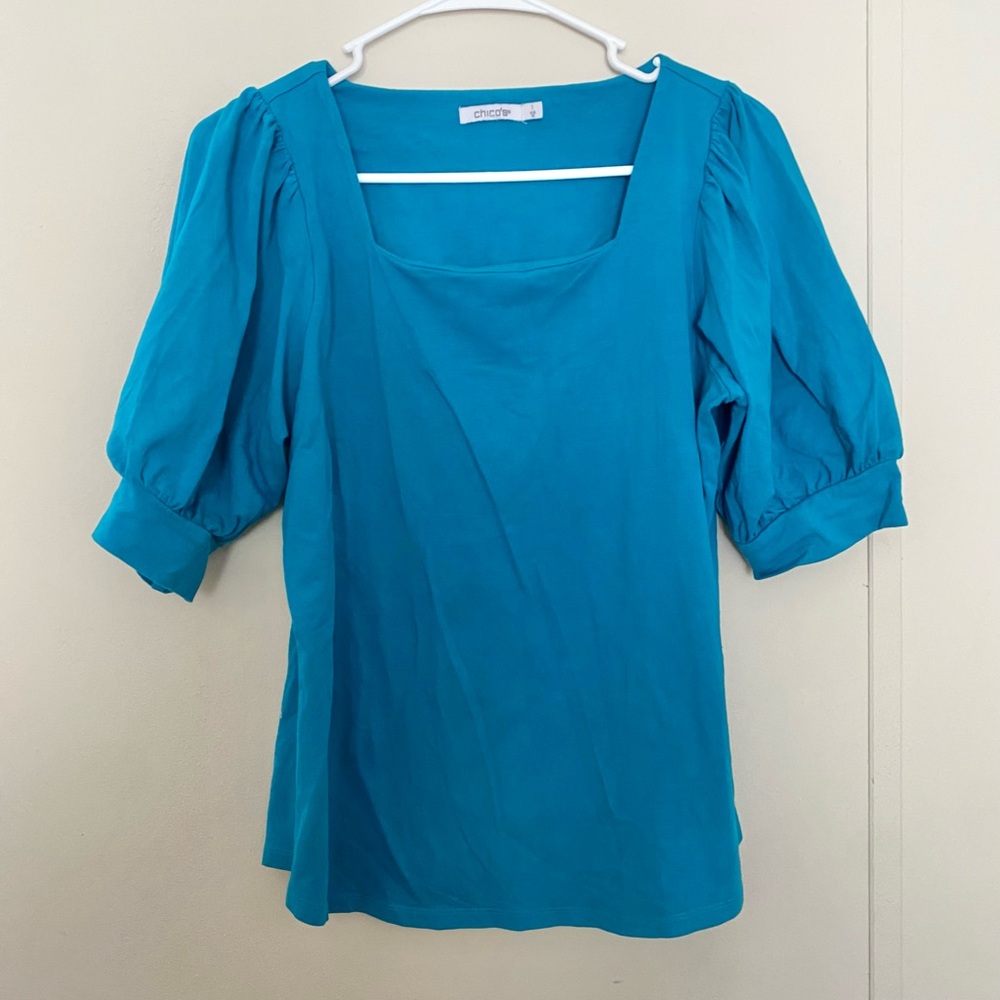 Chico's Turquoise Square Neck Puff Sleeve Blouse